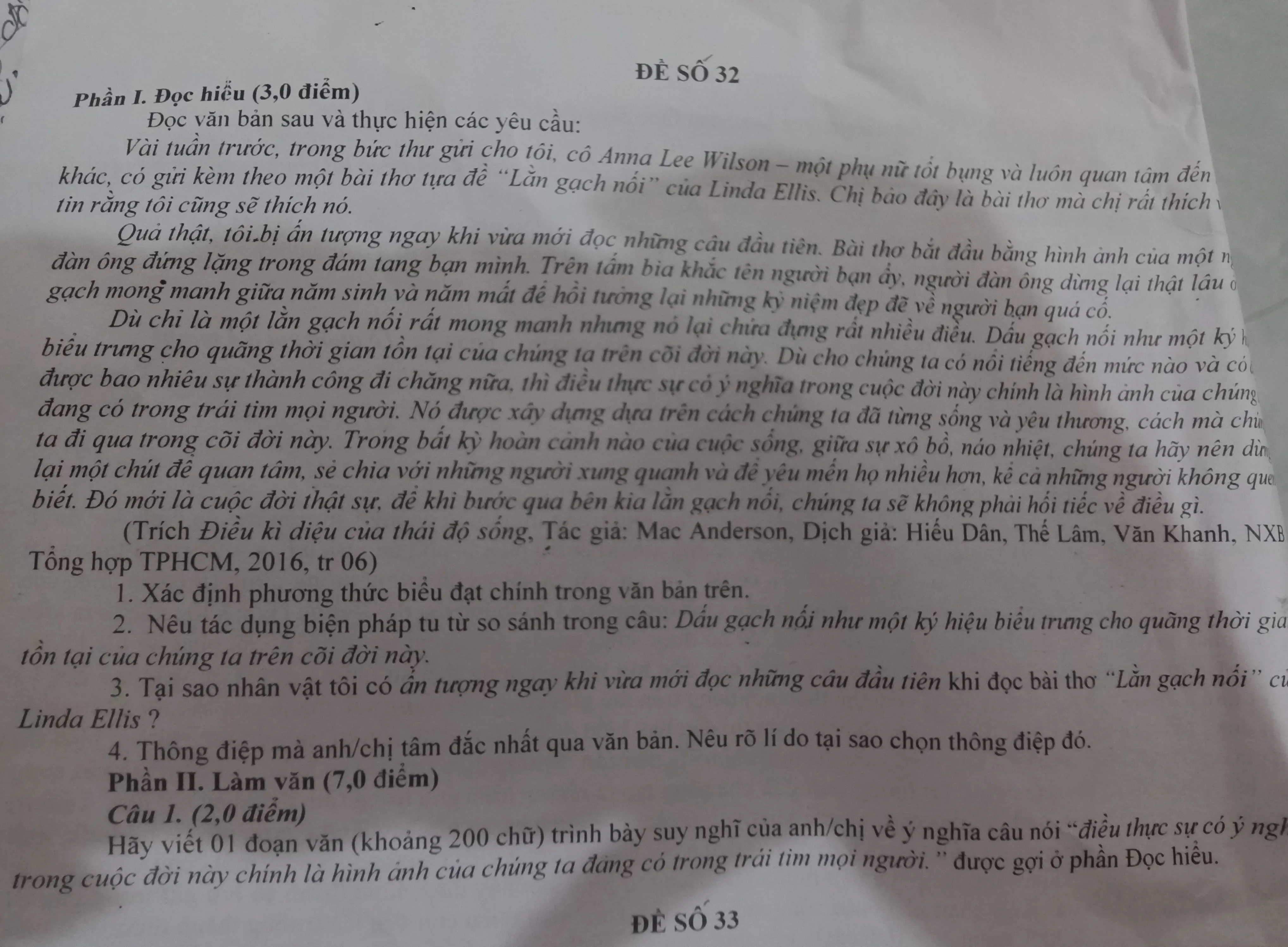 câu 4 đọc hiểu và c1 phần làm văn ĐỀ SỐ 32 Phần I. Đọc hiểu (3,0 ...
